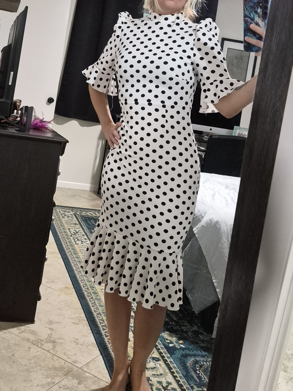 Polka Dot Ruffle Midi Dress in White & Black